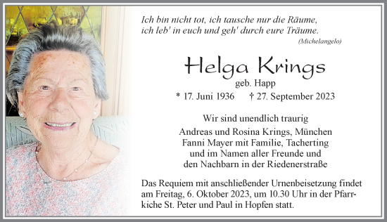 Traueranzeige von Helga Krings von Allgäuer Zeitung, Füssen