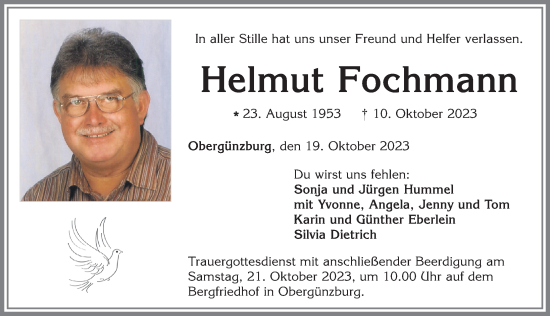 Traueranzeige von Helmut Fochmann von Allgäuer Zeitung, Marktoberdorf