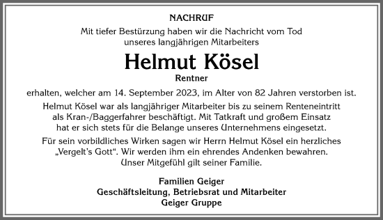 Traueranzeige von Helmut Kösel von Allgäuer Anzeigeblatt