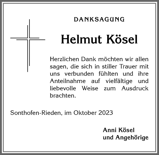 Traueranzeige von Helmut Kösel von Allgäuer Anzeigeblatt