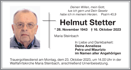 Traueranzeige von Helmut Stetter von Memminger Zeitung