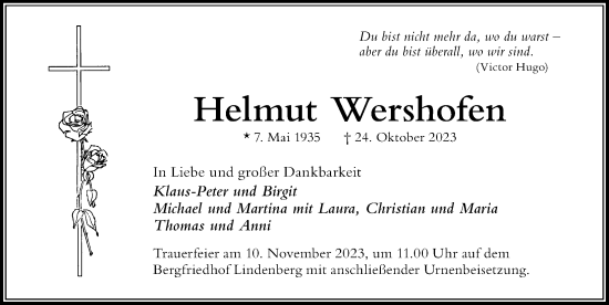 Traueranzeige von Helmut Wershofen von Der Westallgäuer