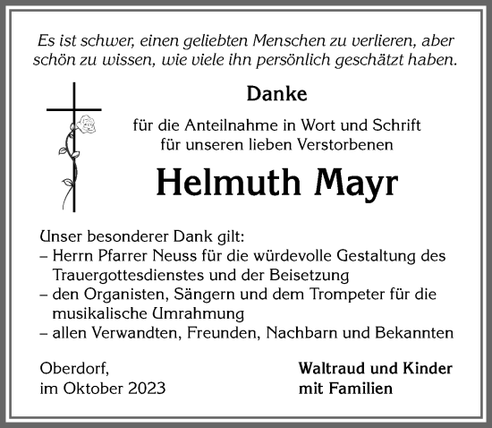 Traueranzeige von Helmuth Mayr von Mindelheimer Zeitung, Augsburger Allgemeine