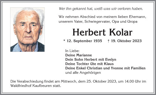 Traueranzeige von Herbert Kolar von Allgäuer Zeitung, Kaufbeuren/Buchloe