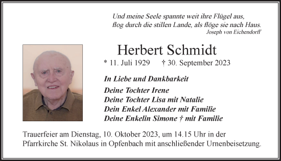 Traueranzeige von Herbert Schmidt von Der Westallgäuer