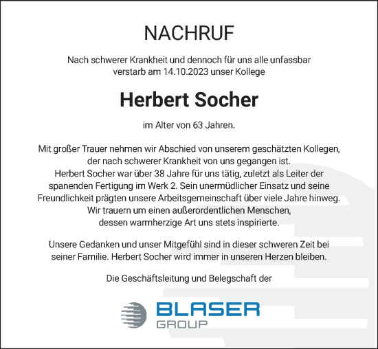 Traueranzeige von Herbert Socher von Der Westallgäuer