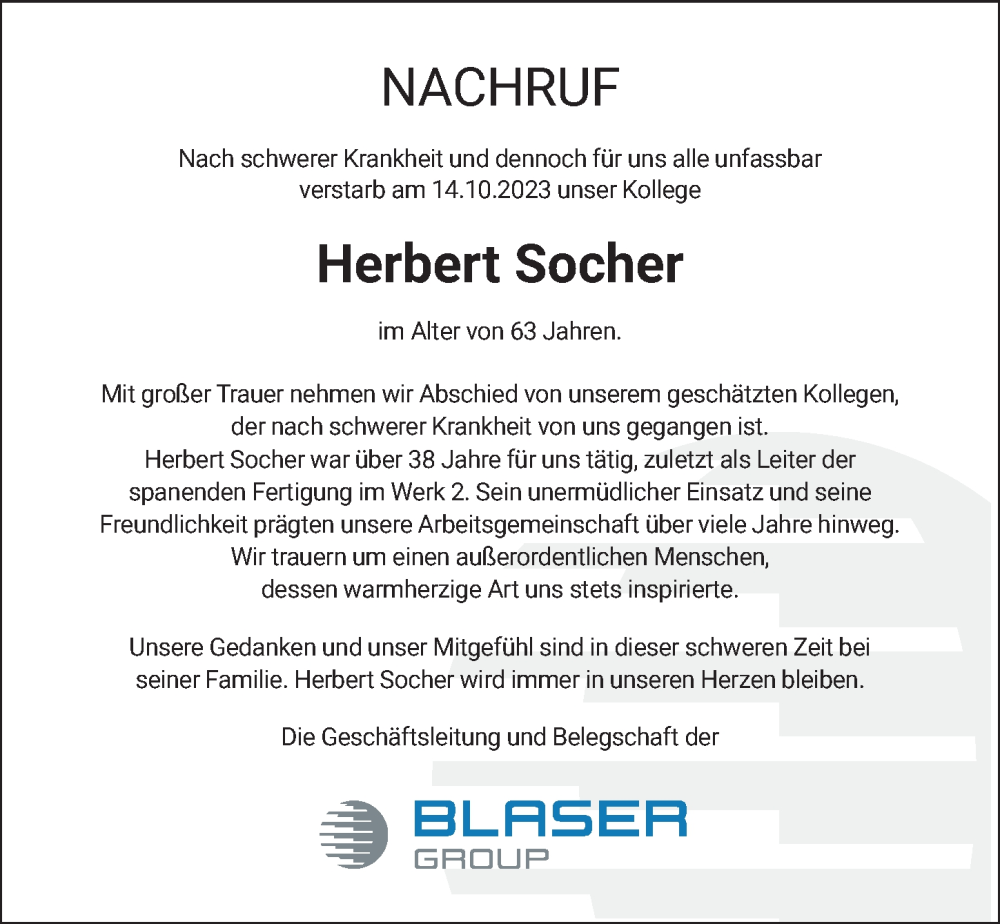  Traueranzeige für Herbert Socher vom 21.10.2023 aus Der Westallgäuer