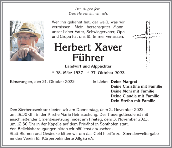 Traueranzeige von Herbert Xaver Führer von Allgäuer Anzeigeblatt