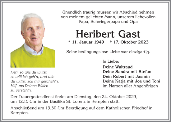 Traueranzeige von Heribert Gast von Allgäuer Zeitung,Kempten