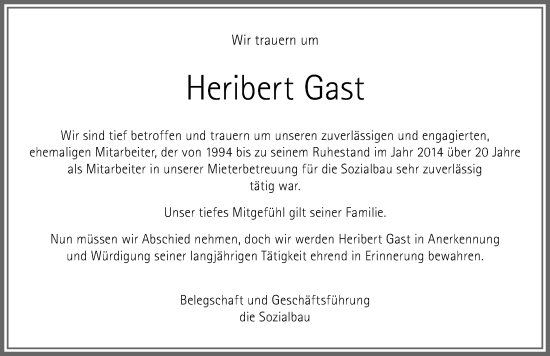Traueranzeige von Heribert Gast von Allgäuer Zeitung,Kempten