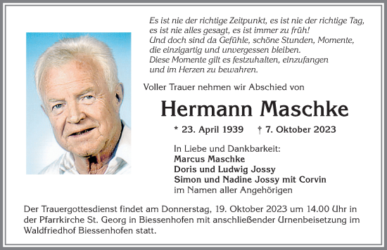Traueranzeige von Hermann Maschke von Allgäuer Zeitung, Marktoberdorf