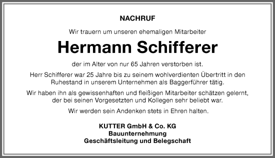 Traueranzeige von Hermann Schifferer von Memminger Zeitung