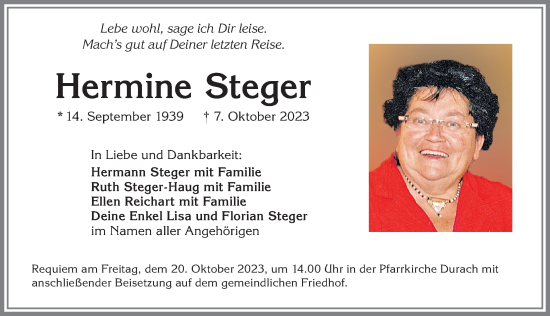 Traueranzeige von Hermine Steger von Allgäuer Zeitung,Kempten