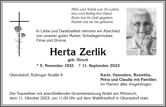 Traueranzeige von Herta Zerlik von Allgäuer Anzeigeblatt