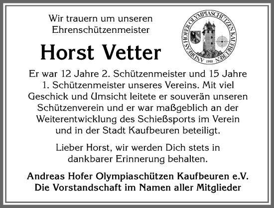 Traueranzeige von Horst Vetter von Allgäuer Zeitung, Kaufbeuren/Buchloe