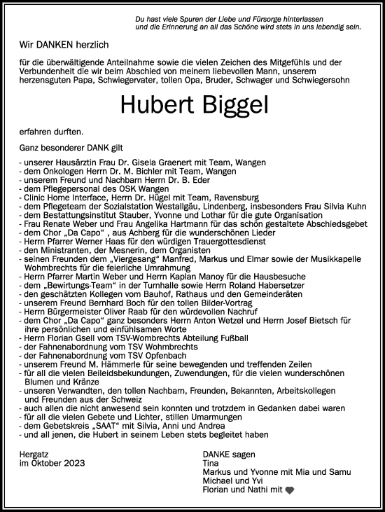 Traueranzeige von Hubert Biggel von Der Westallgäuer