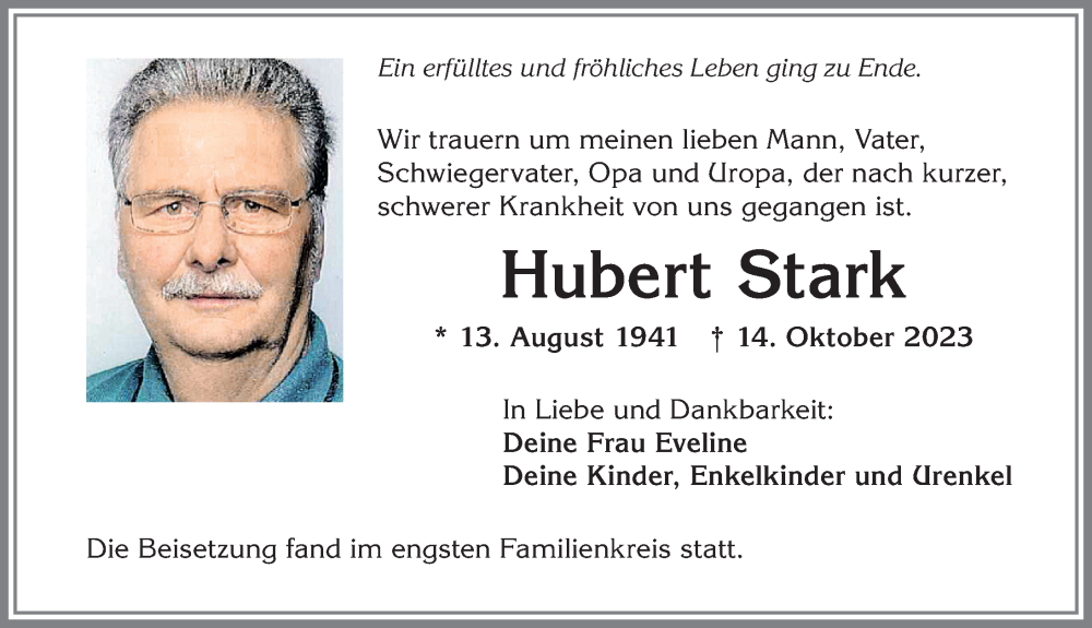  Traueranzeige für Hubert Stark vom 21.10.2023 aus Allgäuer Zeitung, Kaufbeuren/Buchloe