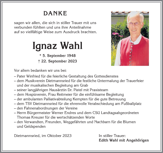 Traueranzeige von Ignaz Wahl von Allgäuer Zeitung,Kempten