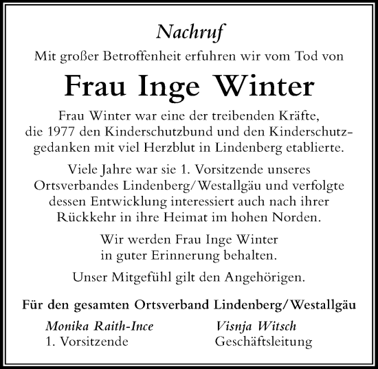 Traueranzeige von Inge Winter von Der Westallgäuer
