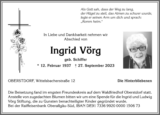Traueranzeige von Ingrid Vörg von Allgäuer Anzeigeblatt