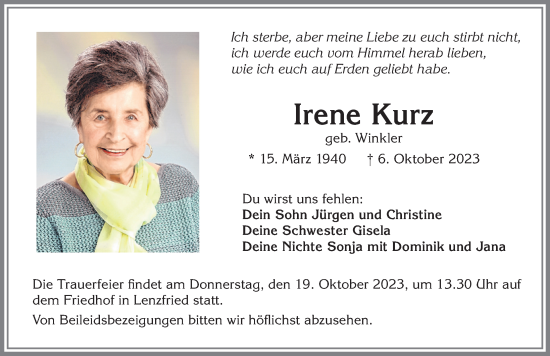 Traueranzeige von Irene Kurz von Allgäuer Zeitung,Kempten