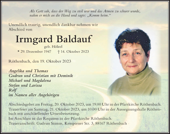 Traueranzeige von Irmgard Baldauf von Allgäuer Zeitung,Kempten