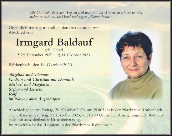 Traueranzeige von Irmgard Baldauf von Der Westallgäuer