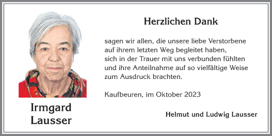 Traueranzeige von Irmgard Lausser von Allgäuer Zeitung, Kaufbeuren/Buchloe