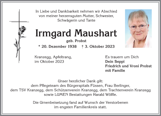 Traueranzeige von Irmgard Maushart von Allgäuer Anzeigeblatt