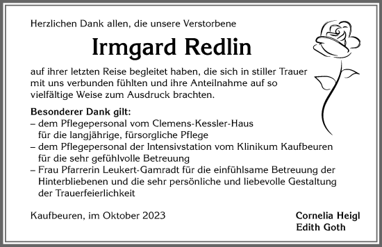 Traueranzeige von Irmgard Redlin von Allgäuer Zeitung, Kaufbeuren/Buchloe