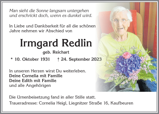 Traueranzeige von Irmgard Redlin von Allgäuer Zeitung, Kaufbeuren/Buchloe