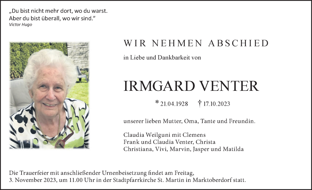  Traueranzeige für Irmgard Venter vom 28.10.2023 aus Allgäuer Zeitung, Marktoberdorf