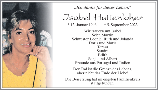 Traueranzeige von Isabel Huttenloher von Allgäuer Zeitung, Füssen