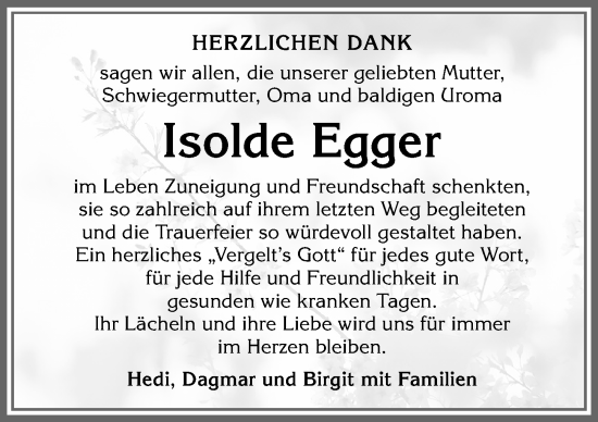 Traueranzeige von Isolde Egger von Allgäuer Zeitung,Kempten