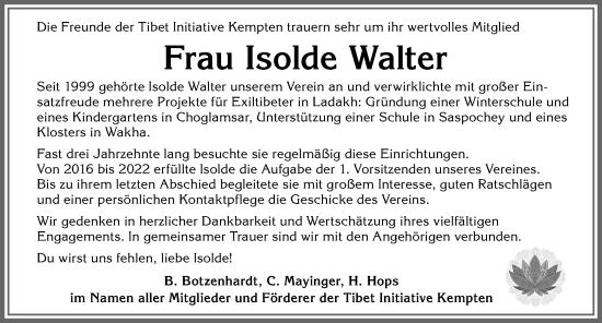Traueranzeige von Isolde Walter von Allgäuer Zeitung,Kempten