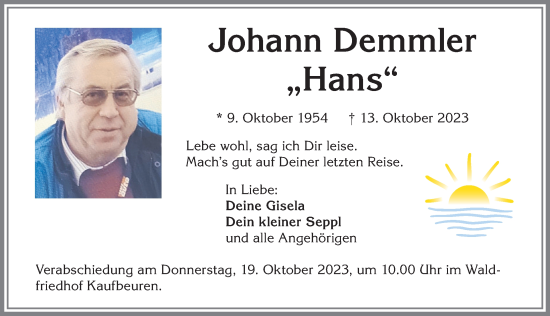 Traueranzeige von Johann Demmler von Allgäuer Zeitung, Kaufbeuren/Buchloe