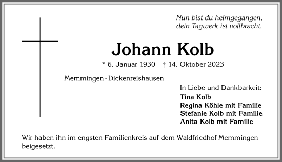 Traueranzeige von Johann Kolb von Memminger Zeitung