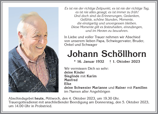 Traueranzeige von Johann Schöllhorn von Allgäuer Zeitung,Kempten