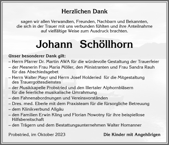 Traueranzeige von Johann Schöllhorn von Allgäuer Zeitung,Kempten