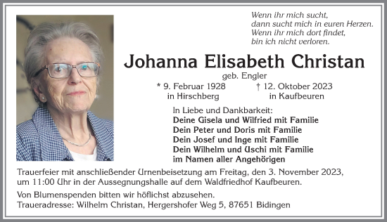 Traueranzeige von Johanna Elisabeth Christan von Allgäuer Zeitung, Füssen