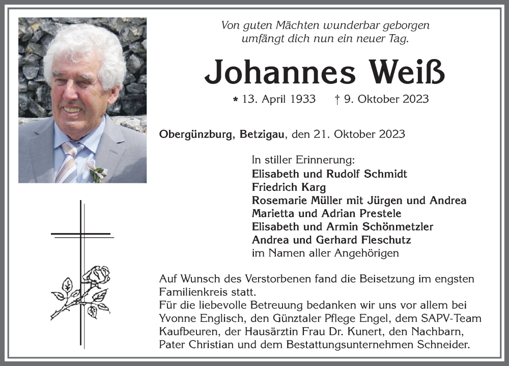  Traueranzeige für Johannes Weiß vom 21.10.2023 aus Allgäuer Zeitung,Kempten