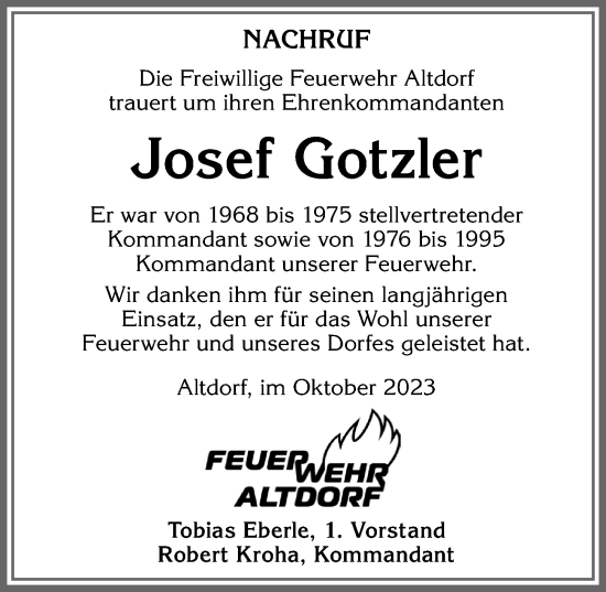 Traueranzeige von Josef Gotzler von Allgäuer Zeitung, Marktoberdorf