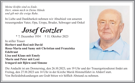 Traueranzeige von Josef Gotzler von Allgäuer Zeitung, Marktoberdorf