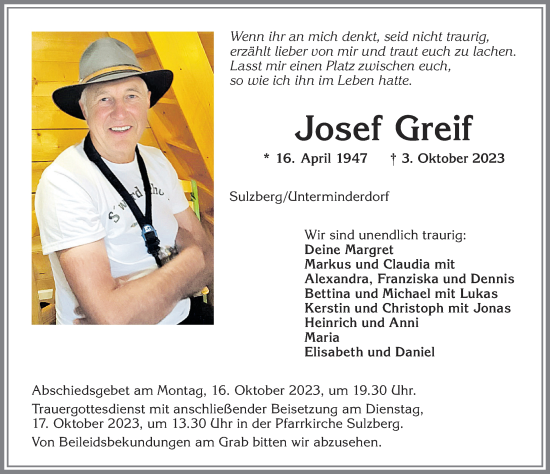 Traueranzeige von Josef Greif von Allgäuer Zeitung,Kempten