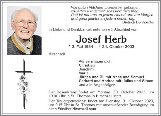 Traueranzeige von Josef Herb von Allgäuer Zeitung, Kaufbeuren/Buchloe
