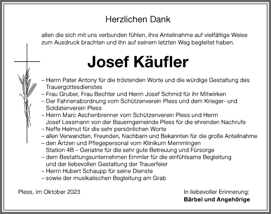 Traueranzeige von Josef Käufler von Memminger Zeitung