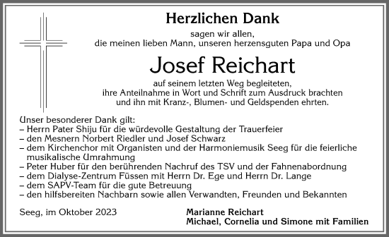 Traueranzeige von Josef Reichart von Allgäuer Zeitung, Füssen