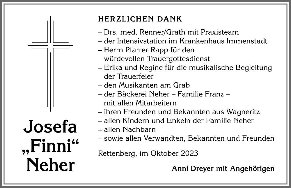  Traueranzeige für Josefa Neher vom 02.10.2023 aus Allgäuer Anzeigeblatt