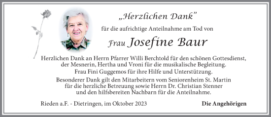 Traueranzeige von Josefine Baur von Allgäuer Zeitung, Füssen