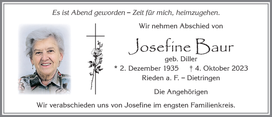 Traueranzeige von Josefine Baur von Allgäuer Zeitung, Füssen